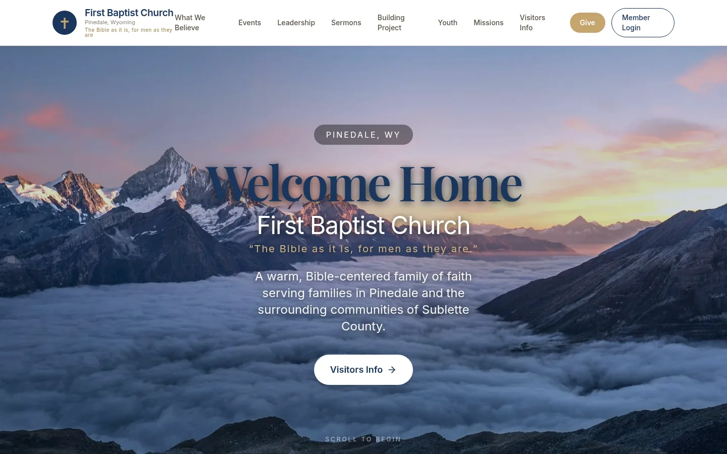 Desktop screenshot of the First Baptist Pinedale homepage, with a mountain sunrise and the headline Welcome Home.