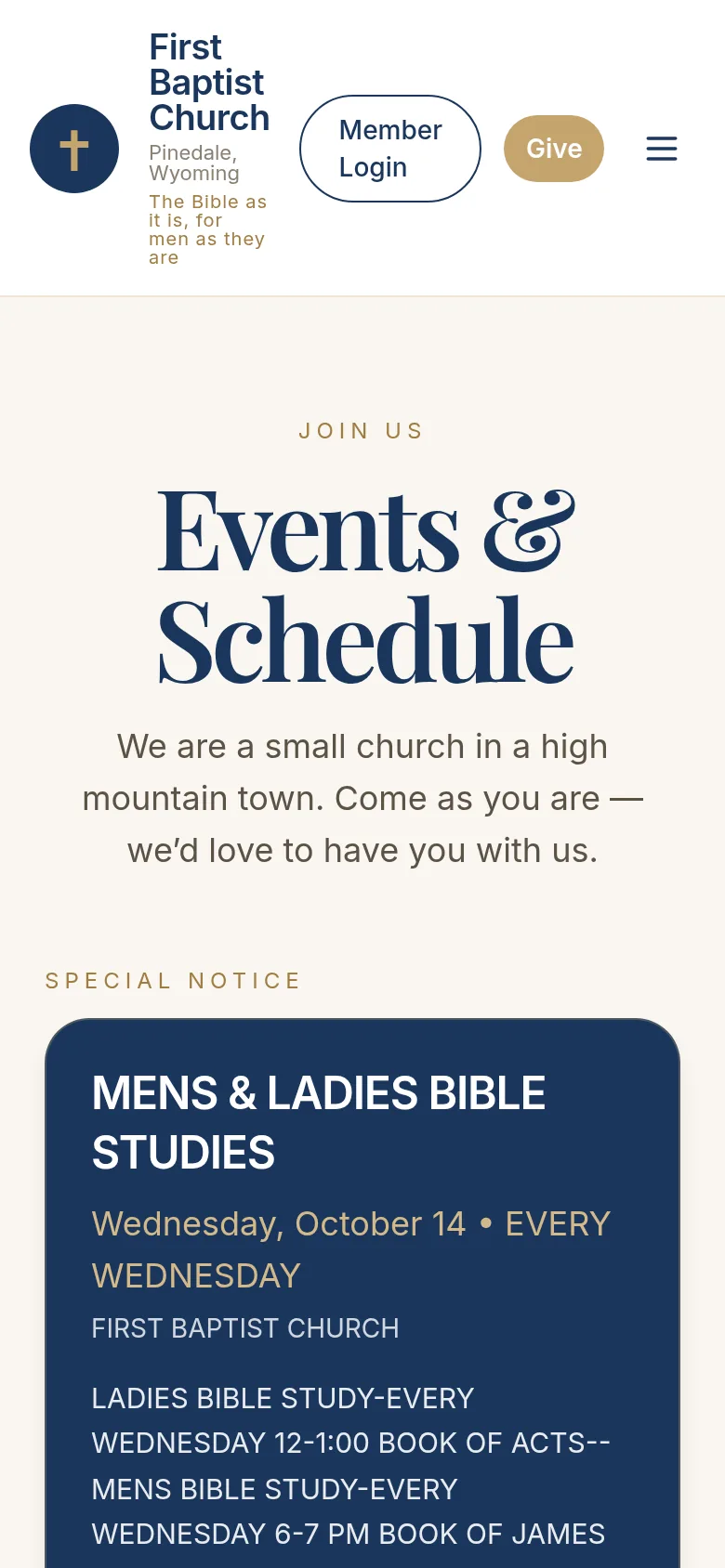 Phone screenshot of the Events and Schedule page, with a notice for weekly Bible studies.