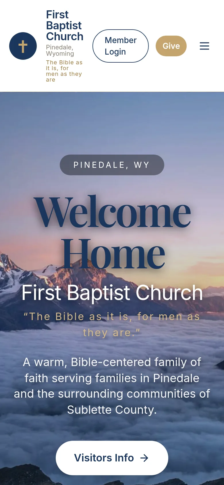 Phone screenshot of the First Baptist Pinedale homepage, with the Welcome Home headline and a Visitors Info button.