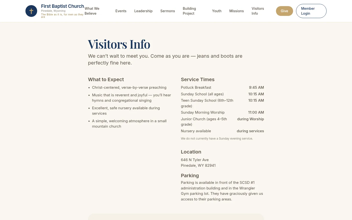 Desktop screenshot of the Visitors Info page, with what to expect, service times, location, and parking.