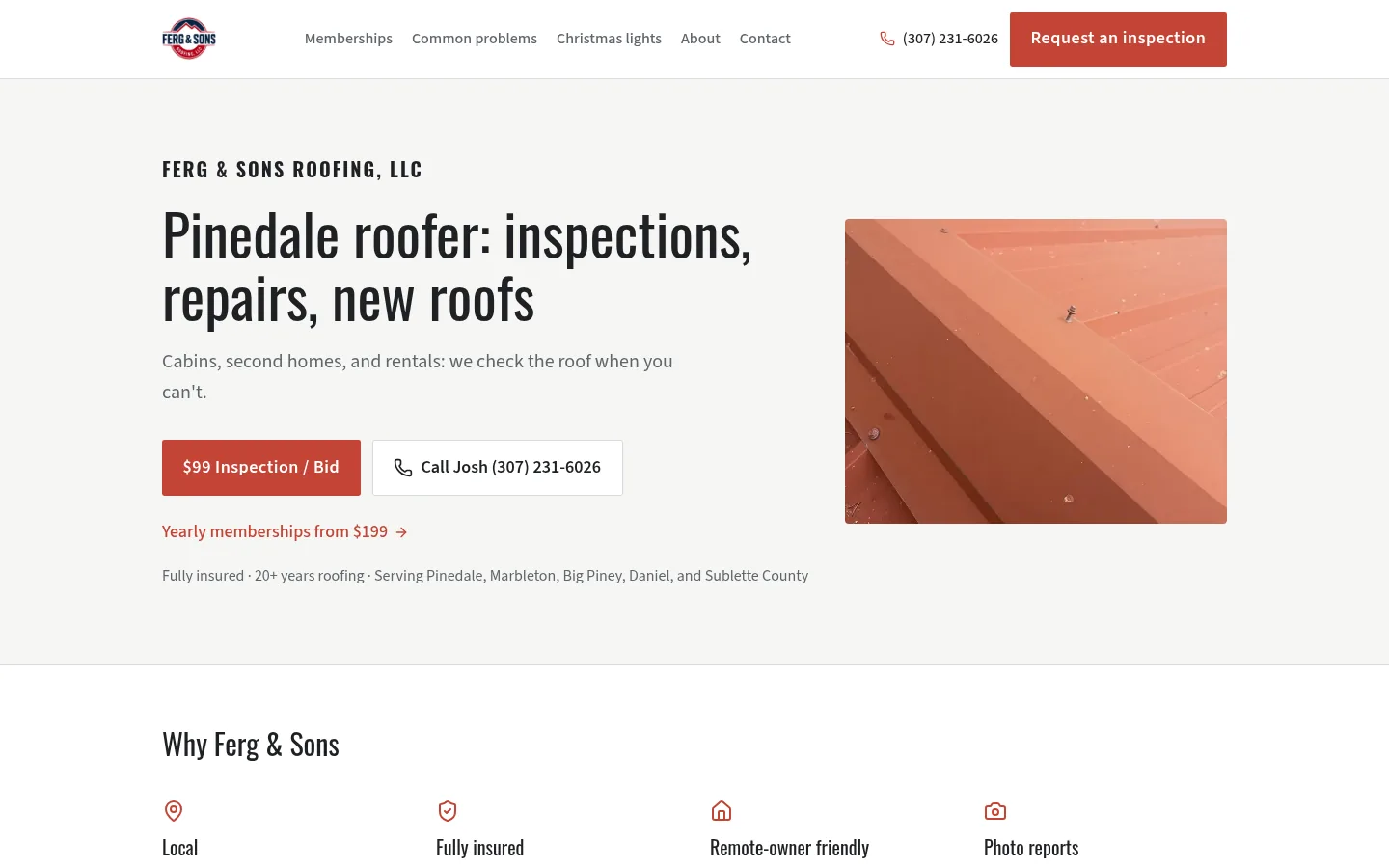 Desktop screenshot of the Ferg & Sons Roofing homepage, with a metal roof photo and buttons to request an inspection or call.