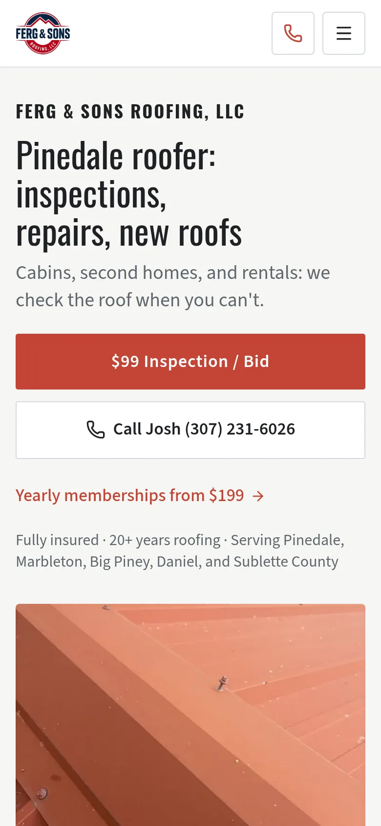 Phone screenshot of the Ferg & Sons Roofing homepage, with an inspection button and a metal roof photo.