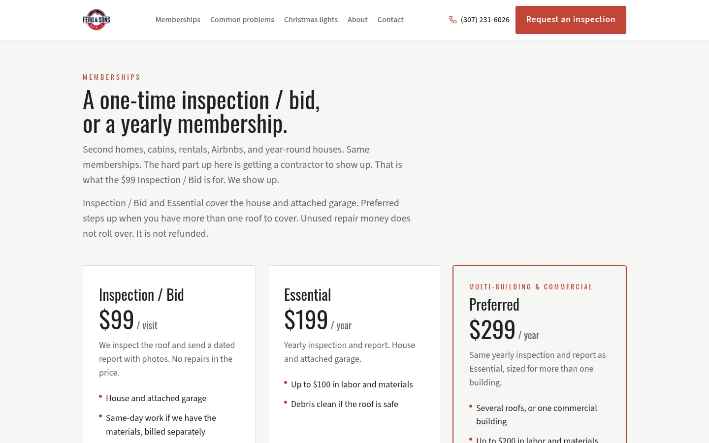 Desktop screenshot of the memberships page, with three priced plans: Inspection / Bid, Essential, and Preferred.