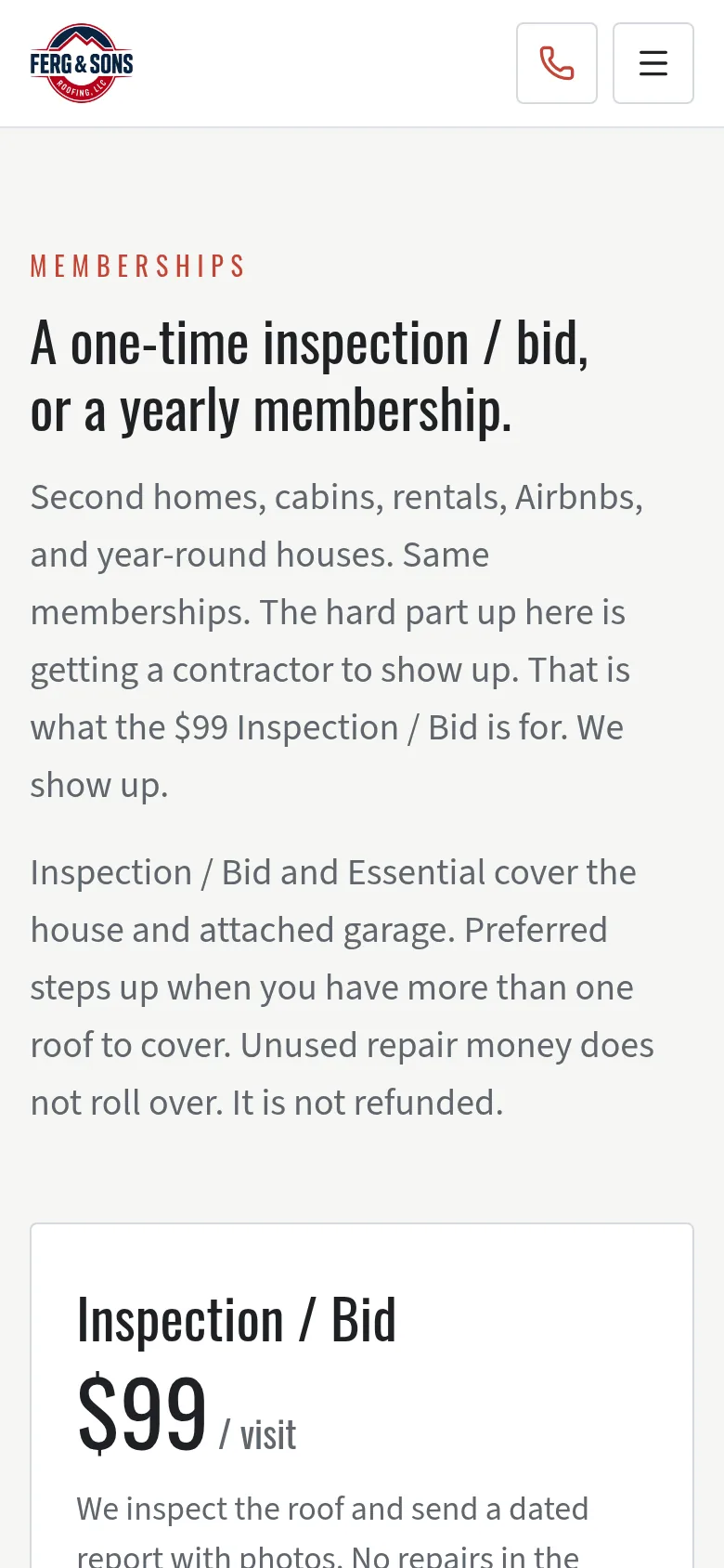 Phone screenshot of the memberships page, starting with the $99 Inspection / Bid plan.