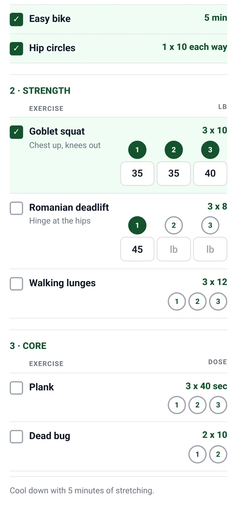 Phone screenshot of the Fitness app with sample data, showing strength and core exercises with sets to tap off.