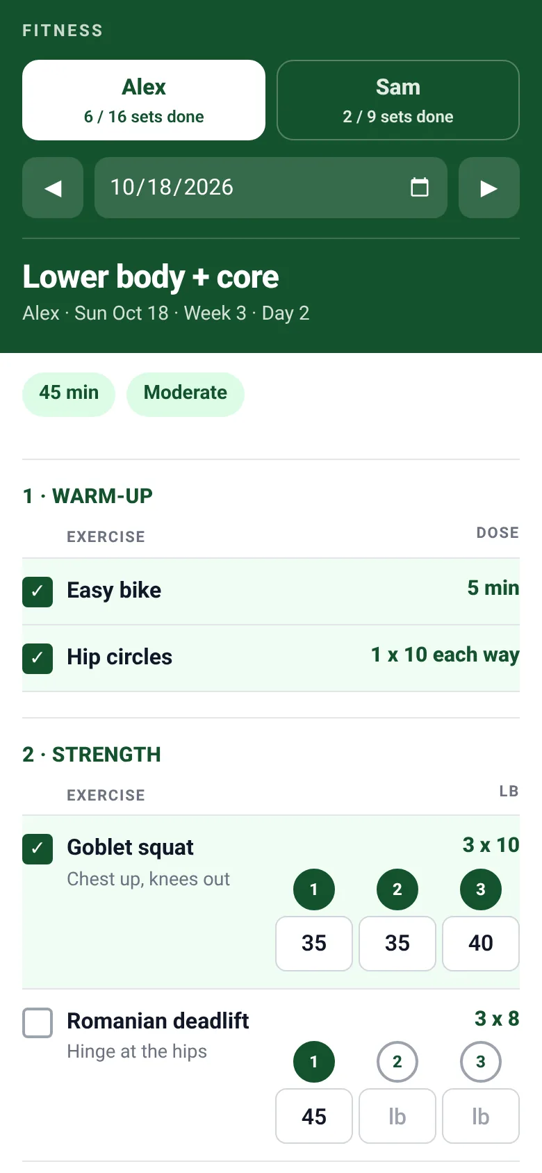 Phone screenshot of the Fitness app with sample data: a lower body and core plan for a person named Alex, with warm-up items checked off and weights logged per set.