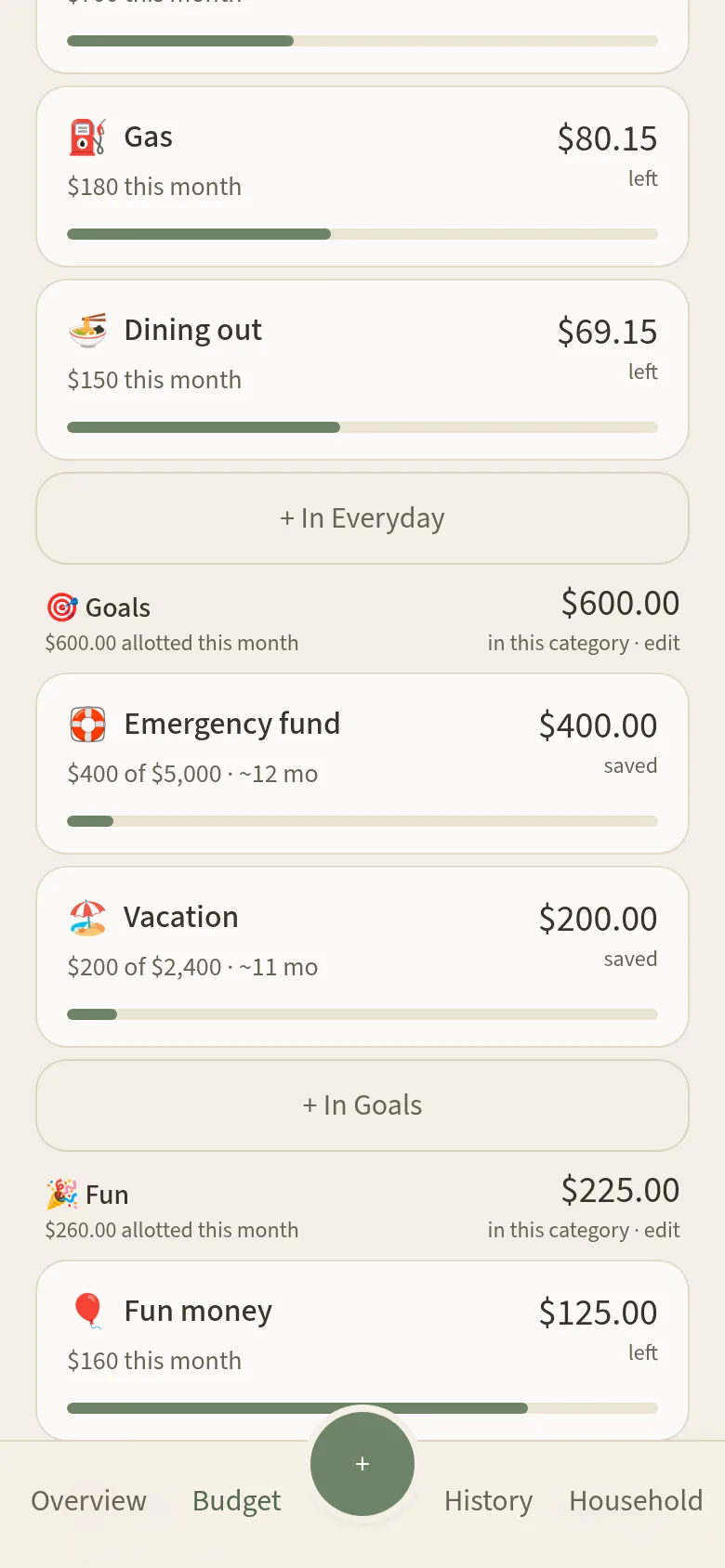 Phone screenshot of Homebase's budget tab with sample data, showing everyday spending, savings goals, and fun money envelopes.