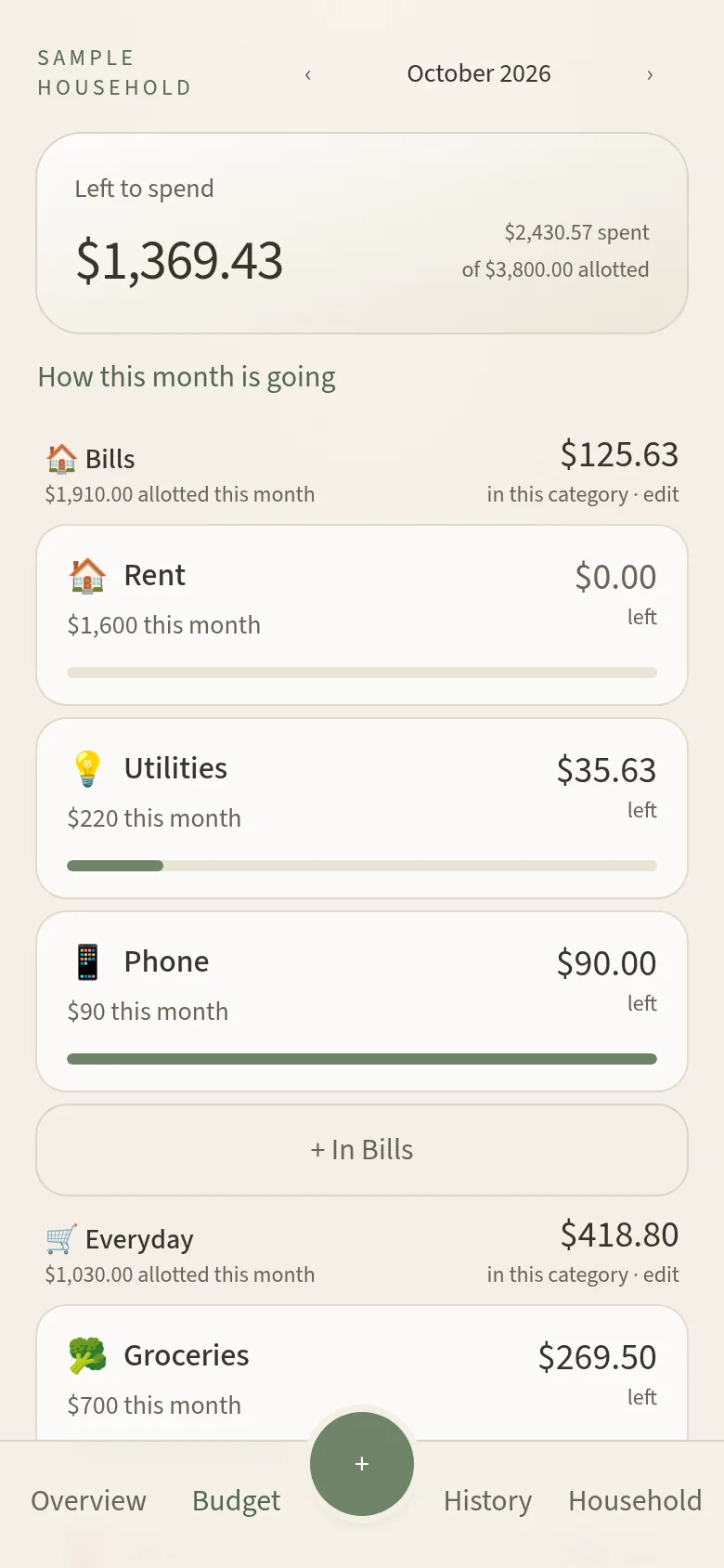 Phone screenshot of Homebase's budget tab with sample data, showing bill envelopes for rent, utilities, and phone with amounts left.