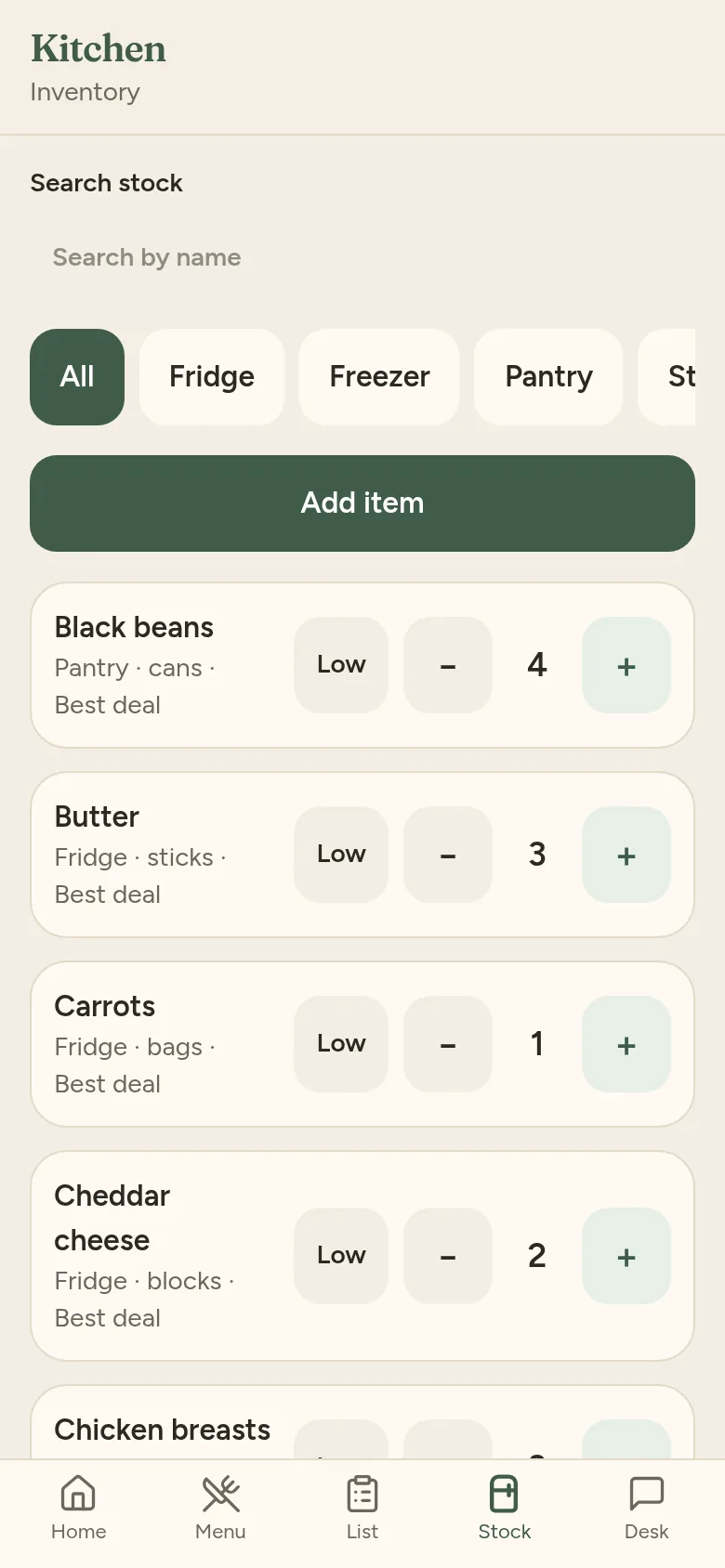 Phone screenshot of Kitchen's inventory with sample data, with plus and minus buttons for pantry and fridge items.