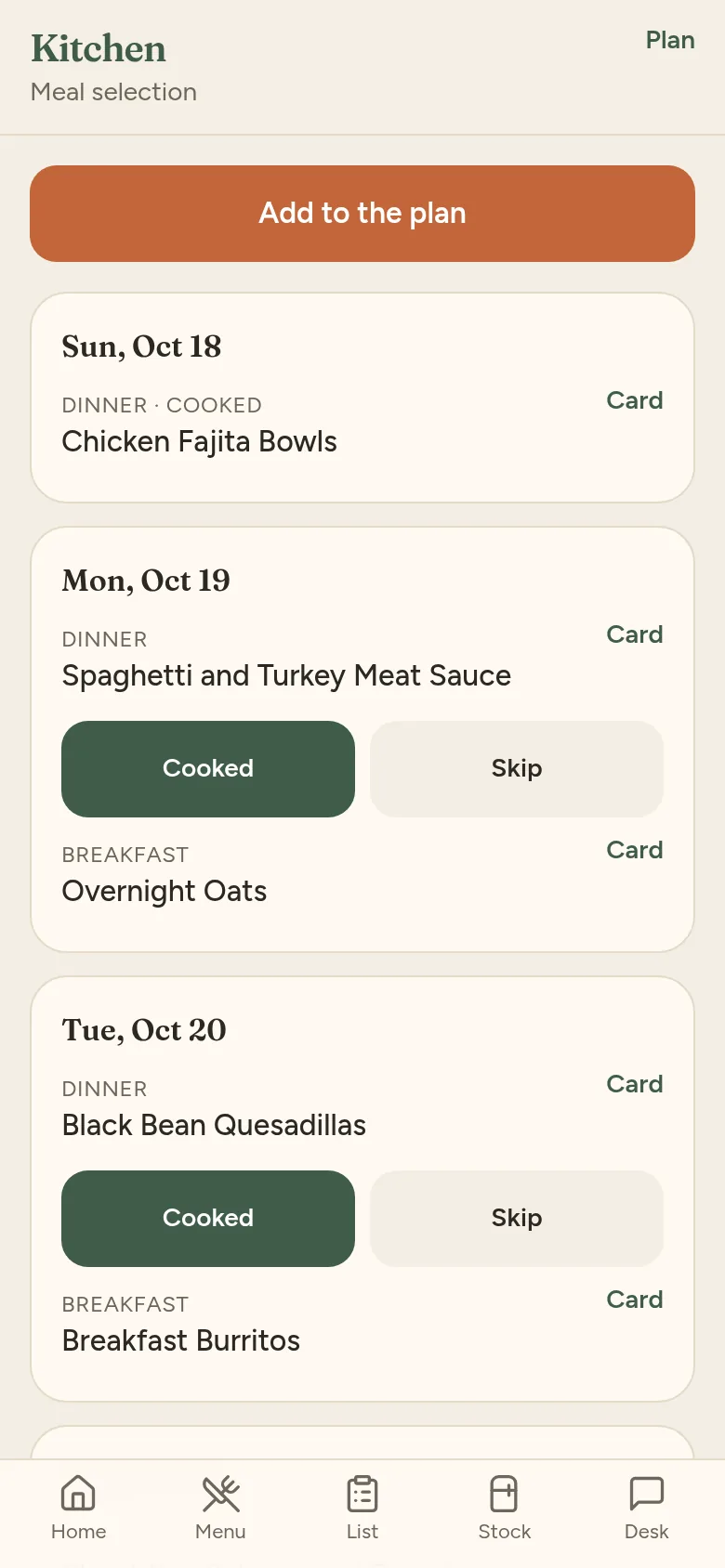Phone screenshot of Kitchen's meal selection with sample data, listing planned breakfasts and dinners by day with cooked and skip buttons.