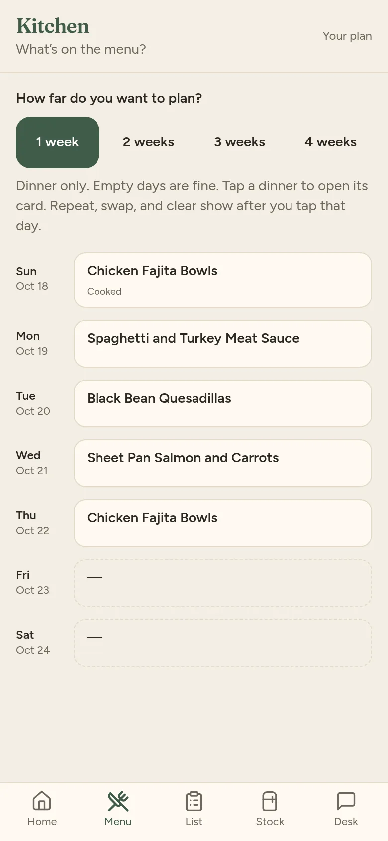 Phone screenshot of Kitchen's menu planner with sample data: one week of dinners from Sunday to Saturday.