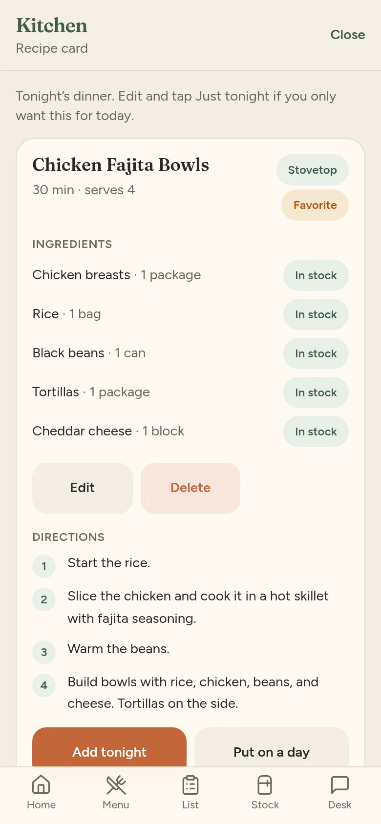 Phone screenshot of a Kitchen recipe card with sample data for chicken fajita bowls, with ingredients marked in stock and numbered directions.