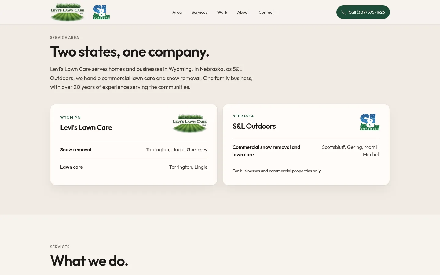 Desktop screenshot of the service area section, with one card for Levi's Lawn Care in Wyoming and one for S&L Outdoors in Nebraska.
