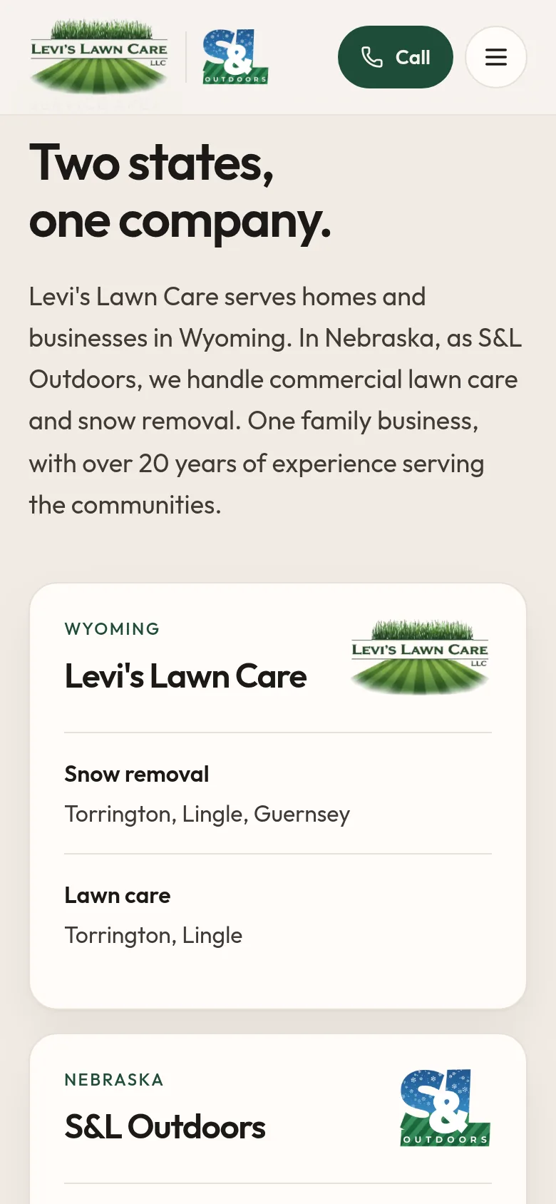 Phone screenshot of the service area section, with the Wyoming card listing towns for snow removal and lawn care.
