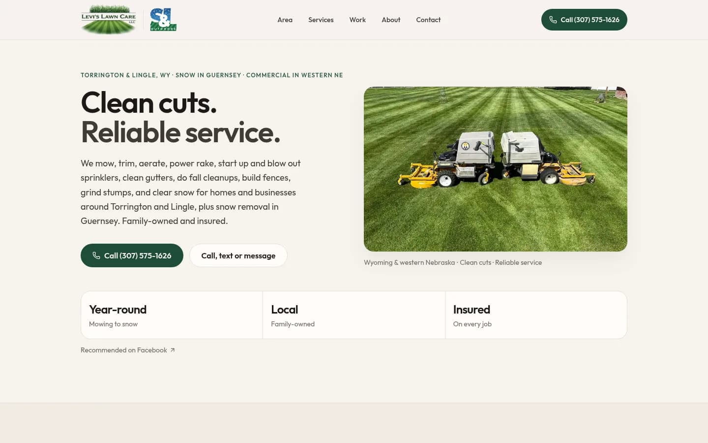 Desktop screenshot of the Levi's Lawn Care and S&L Outdoors homepage, with a lawn and mower photo and call buttons.