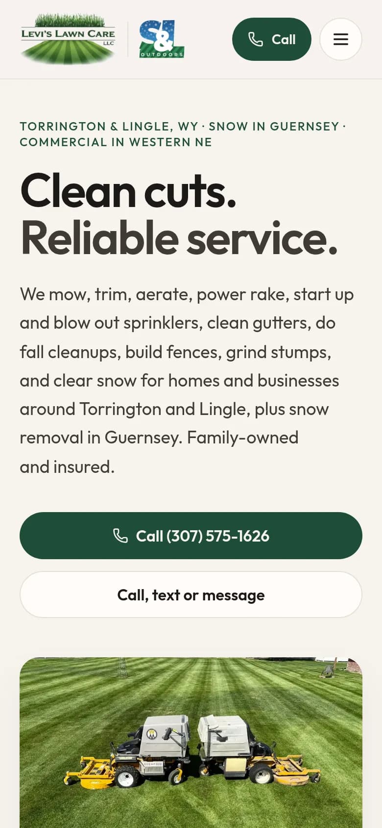 Phone screenshot of the Levi's Lawn Care and S&L Outdoors homepage, with the service summary and a lawn photo.