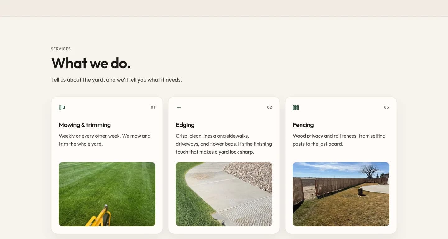 Desktop screenshot of the services section, with cards for mowing, edging, and fencing, each with a job photo.