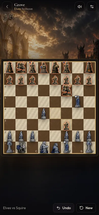 Phone screenshot of a Sanctum game in progress, with elf and dwarf pieces mid-game.