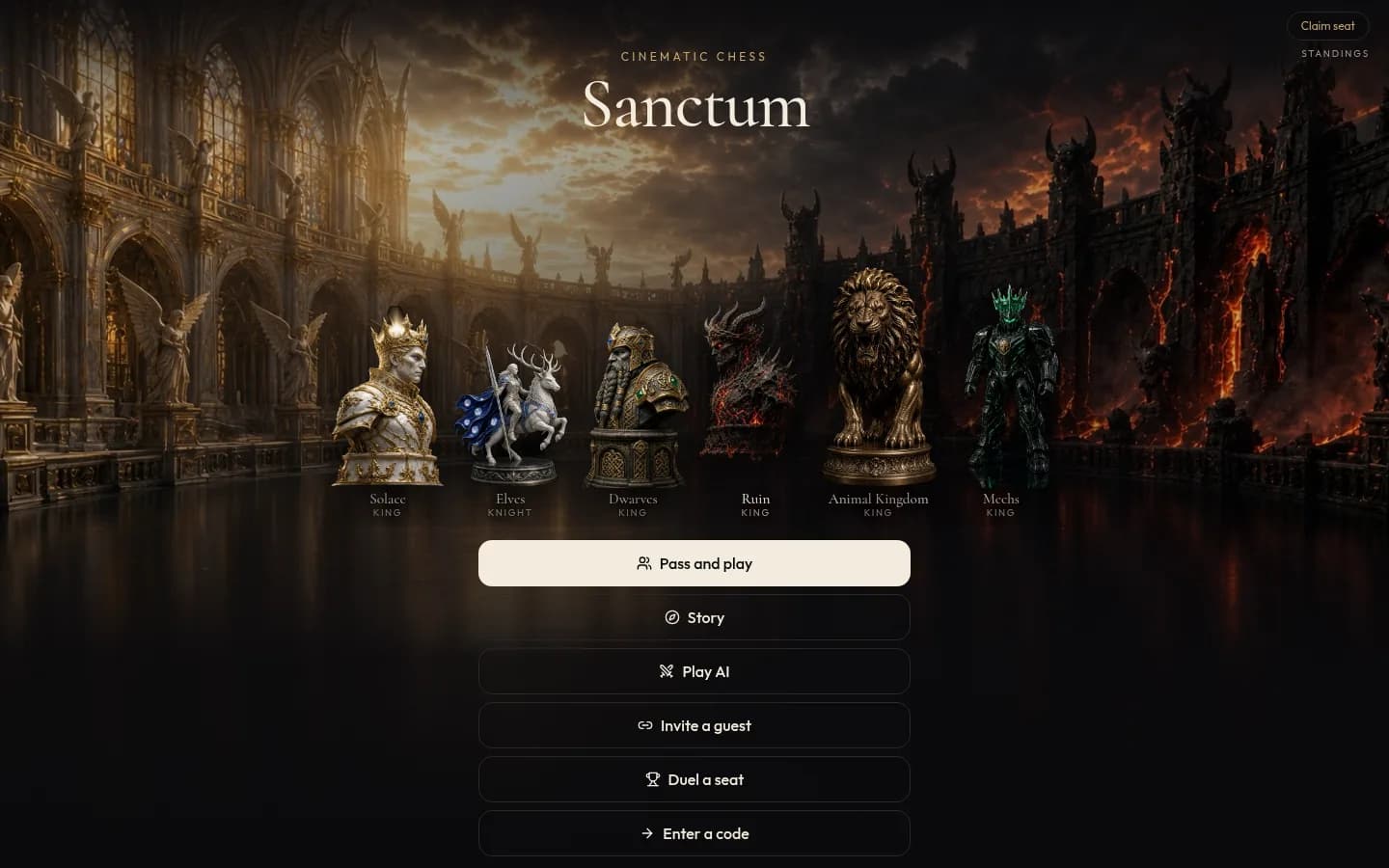 Desktop screenshot of Sanctum, a cinematic chess game, showing six themed kings and buttons for pass and play, story, and AI.
