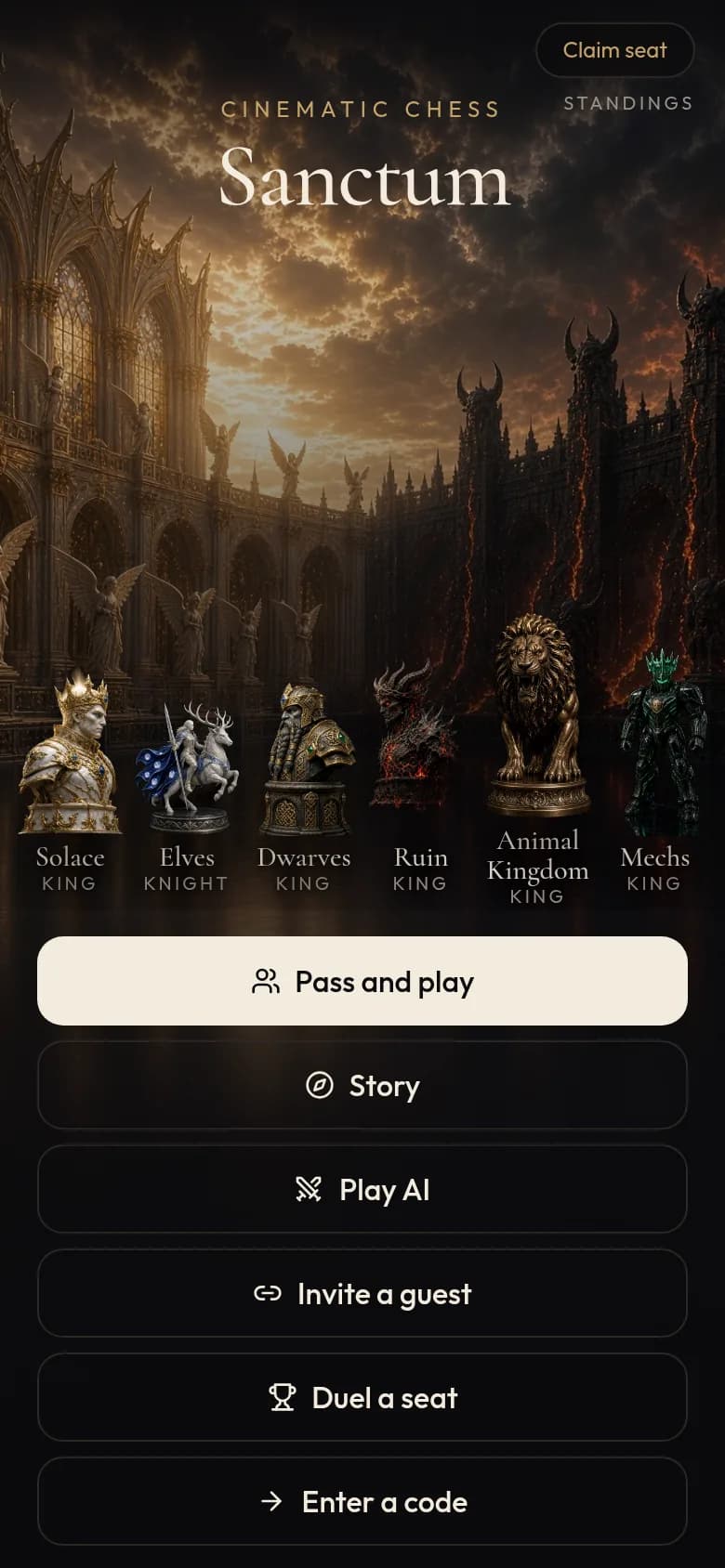 Phone screenshot of Sanctum's start screen, with six themed kings and play options.