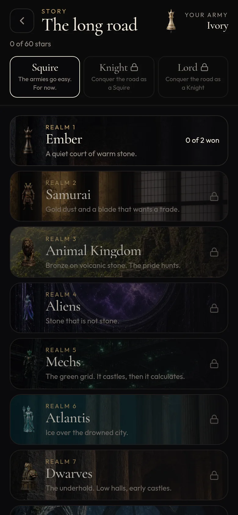 Phone screenshot of Sanctum's story map with difficulty tiers and themed realms.