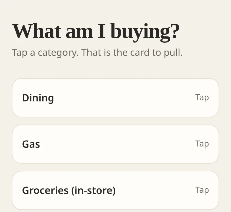 Phone screenshot of the Cards app's buy screen, asking What am I buying? above category buttons for dining, gas, and groceries.